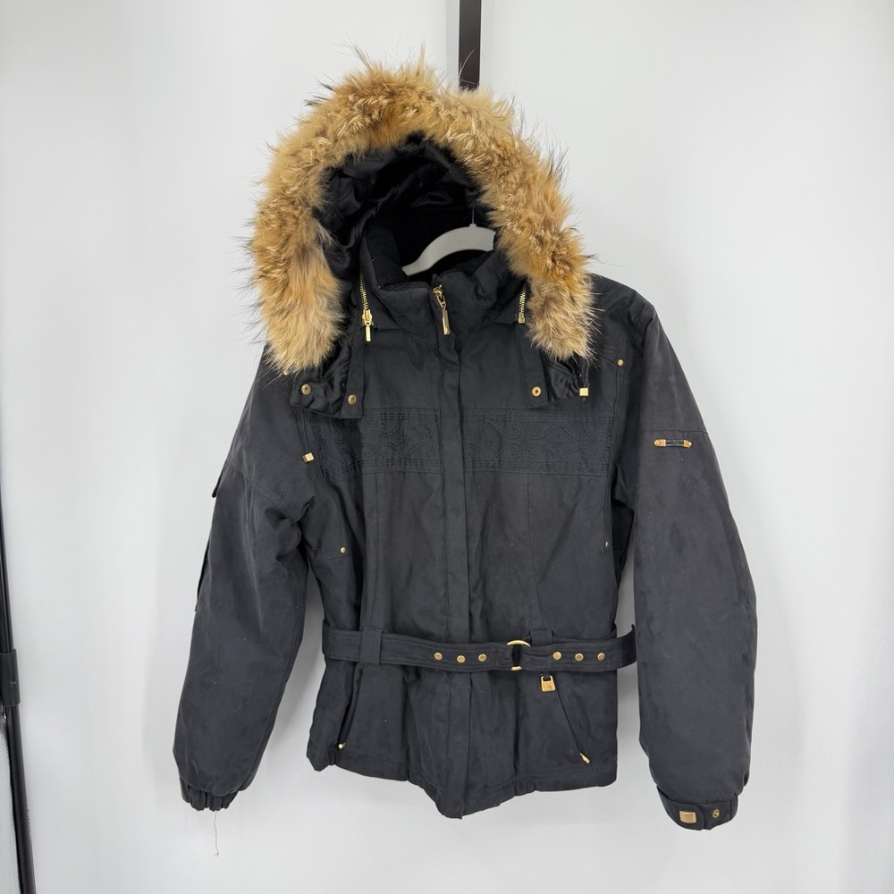 Nils‎ Ski Jacket Women's Size 6 Hooded Fur trim hood black embroidered